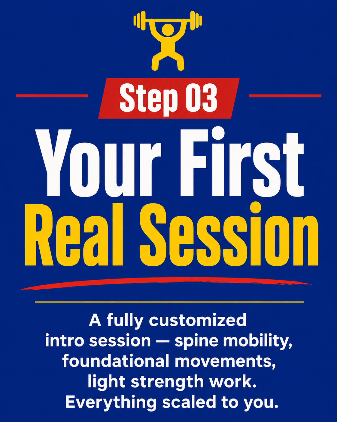 Step 03 — Your First Real Session. A fully customized intro session — spine mobility, foundational movements, light strength work. Everything scaled to you.
